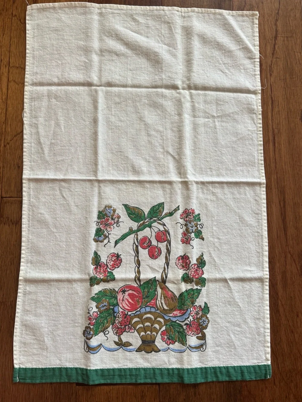 Vintage Fruit Basket Linen Towel with Red, Green, Brown Print